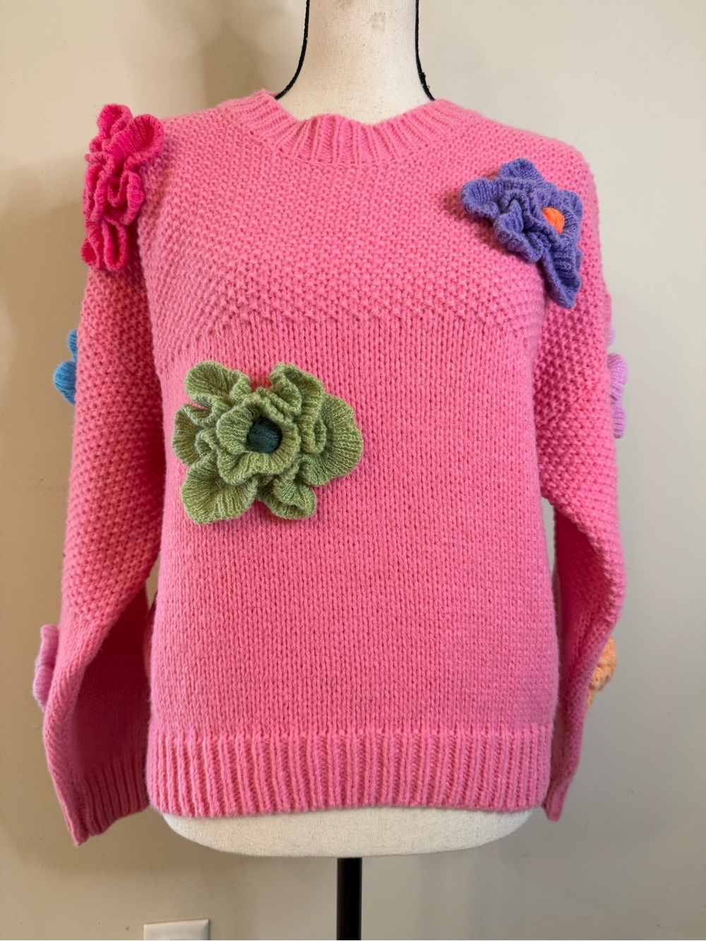 Preppy pink sweater 3D crochet floral embellishments LG